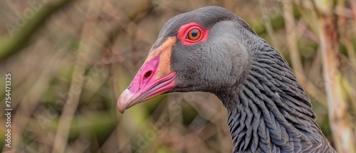  a close up of a bird with a red beak and a black body with a pink head and orange eyes.