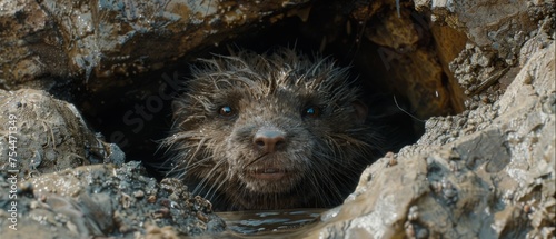  a close up of a wet animal looking out of a hole in a rock formation with water coming out of it.
