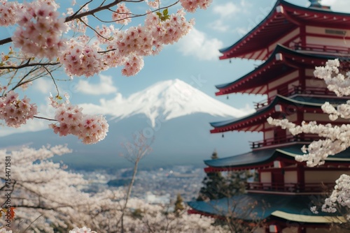 Mount Fuji with cherry blossoms in the foreground Japan