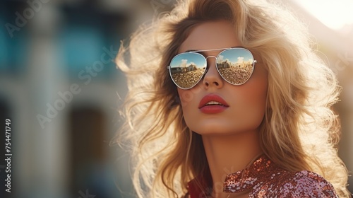 A stylish woman wearing sunglasses and a sparkly top, suitable for fashion and lifestyle concepts