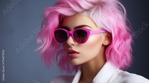 A woman with pink hair wearing stylish sunglasses