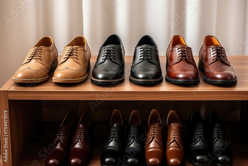 Row of shoes neatly arranged on a wooden shelf. Ideal for showcasing footwear in a store or closet