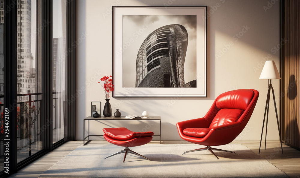 A minimalist living room setup with dual white-framed artwork on the wall A minimalist living room setup with dual white-framed artwork on the wall