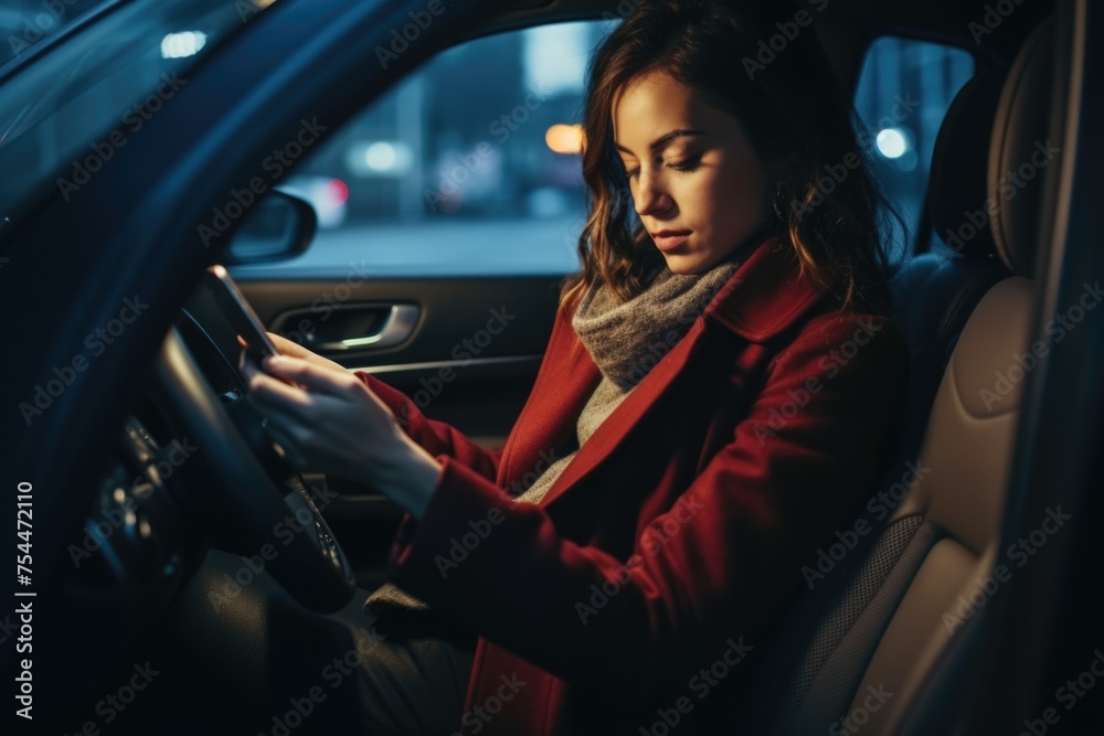 Woman sitting in a car, checking her cell phone. Suitable for technology or transportation concepts - obrazy, fototapety, plakaty 