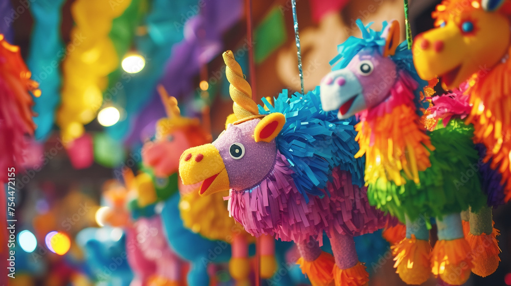 A group of colorful piñatas hanging from the ceiling, awaiting the joyful moment when they'll be smashed open to reveal their hidden treasures 