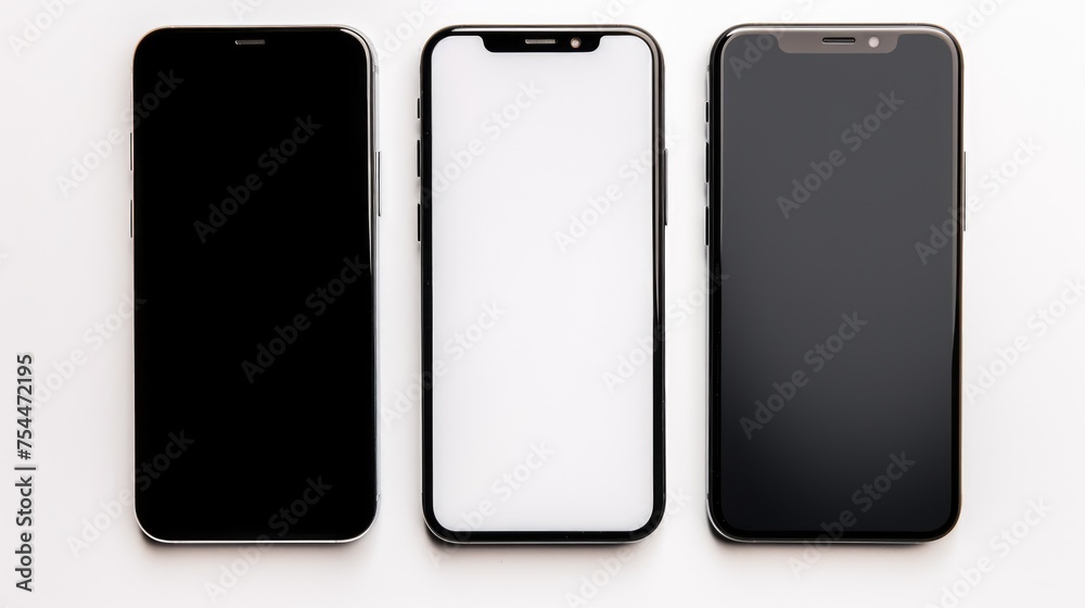 Three black and white Phones sitting next to each other. Suitable for technology and communication concepts