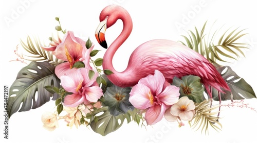 A pink flamingo standing next to a bunch of flowers. Perfect for nature and wildlife concepts