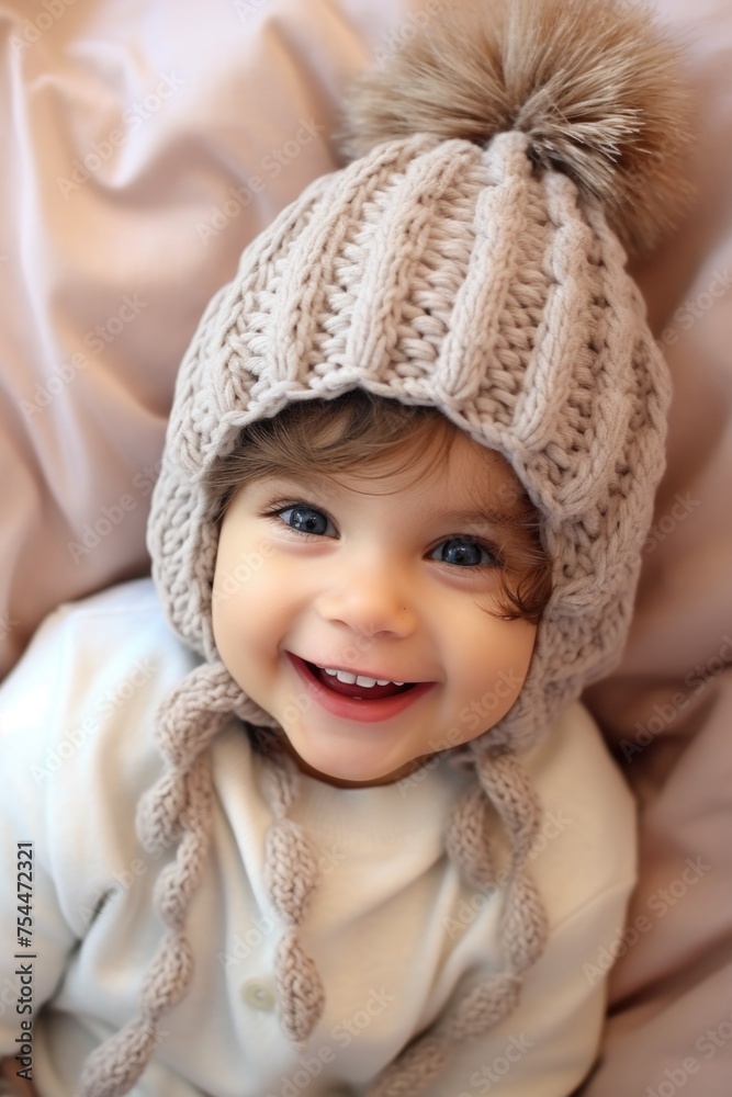 Cute baby smiling in cozy knitted hat, perfect for winter themed projects Cute baby smiling in cozy knitted hat, perfect for winter themed projects