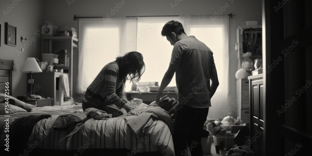 A man and woman standing in a bedroom next to a bed. Suitable for lifestyle or relationship concepts A man and woman standing in a bedroom next to a bed. Suitable for lifestyle or relationship concepts