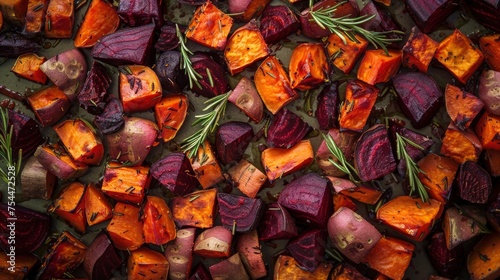 A composition of roasted root vegetables, including sweet potatoes, beets, and carrots, garnished with fresh rosemary. The vegetables are spread out on a baking sheet, showcasing their caramelized edg