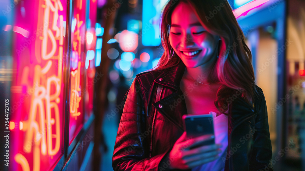 A stunning young lady using a smartphone while standing on a neon-lit, nighttime city street. Beautiful Smiling Woman Using Her Phone in a Portrait.