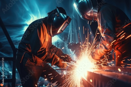 Welders working on a piece of metal. Suitable for industrial and manufacturing concepts