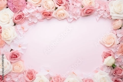 Frame composed of various shades of pink and white roses and hydrangeas on a pale pink background.