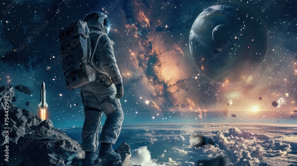 Astronaut in deep space. Science space art. Creative surreal wallpaper. Spaceman in bright galaxy. Elements of this image furnished by NASA - obrazy, fototapety, plakaty 
