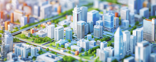 This detailed 3D rendering depicts a bustling miniature city with diverse architectural styles and lush greenery interspersed throughout