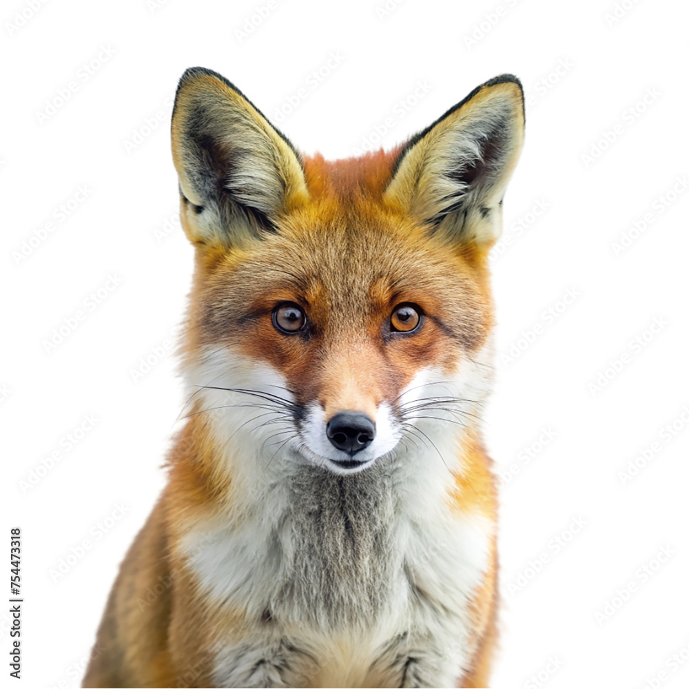 Fox isolated on transparent background. Closeup portrait of wild animal.