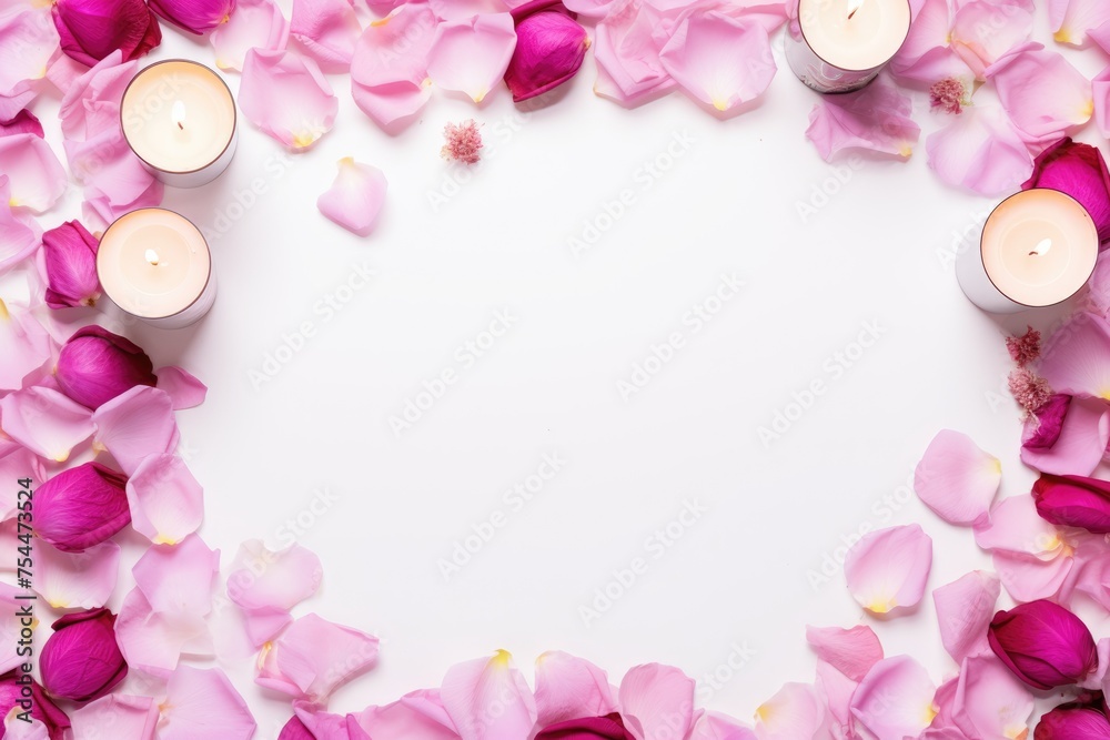 White space framed by pink and magenta rose petals and lit candles, ideal for romantic occasions. Elegant Rose Petals and Candles Frame