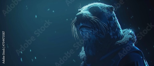  a close up of a sea lion with snow on it's face and a jacket on it's chest.