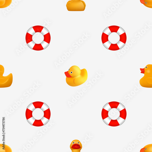 Summer beach background. Seamless background with rubbe ducks and  lifebuoys 