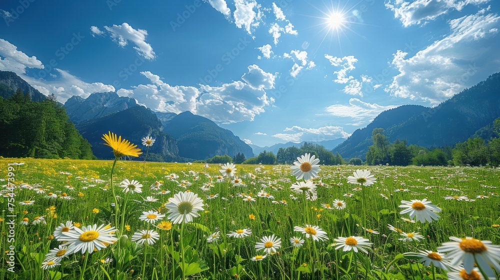 The pristine beauty of a spring meadow, carpeted with daisies and buttercups.