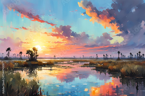 Watercolor painting of the everglades at sunset