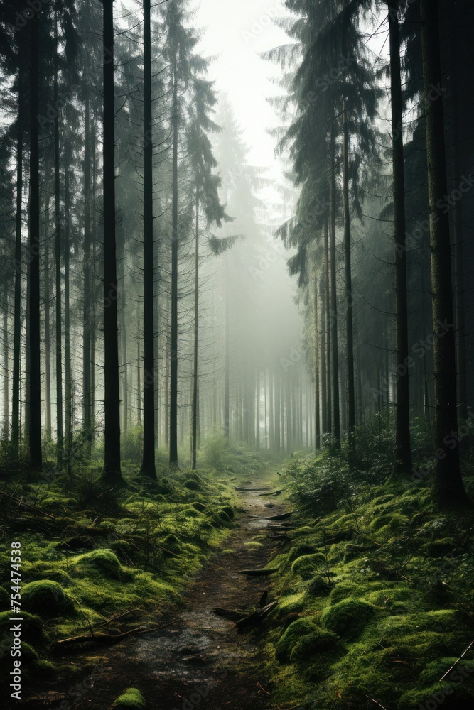 A narrow path winds through a dense forest of tall trees