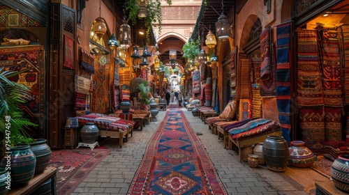 a narrow alleyway filled with lots of colorful rugs and chairs