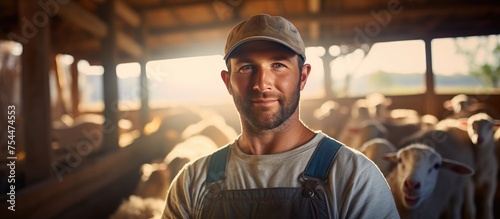 A successful farm laborer and rancher is standing in front of a herd of sheep in a stable, cradling a domestic lamb. The large flock of sheep in the background reflects food production and the raising photo