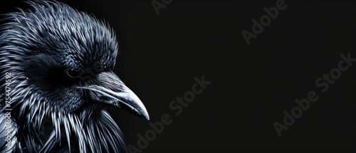  a black and white photo of a bird with feathers on it's head and a black background behind it. photo