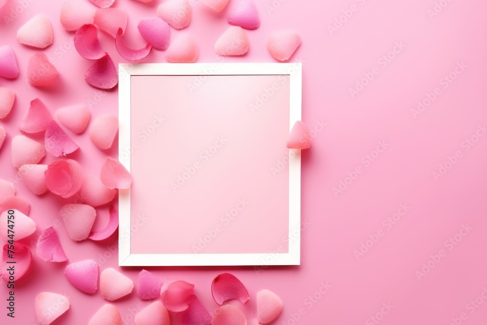White square frame surrounded by soft pink rose petals on a pastel pink background. White square frame surrounded by soft pink rose petals on a pastel pink background.