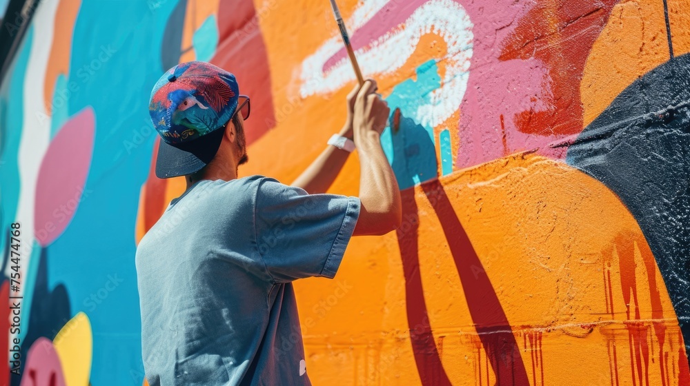 An artist painting a mural on an urban wall, colorful street art ...