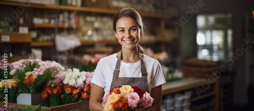 A smiling young florist in an apron stands in a flower shop  holding a colorful bouquet of flowers. The shop is filled with various types of flowers displayed in vases and buckets.