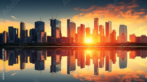Skyscrapers at sunset, graphic perspective of buildings and reflections on water - Abstract architectural background for financial, corporate and business brochure template