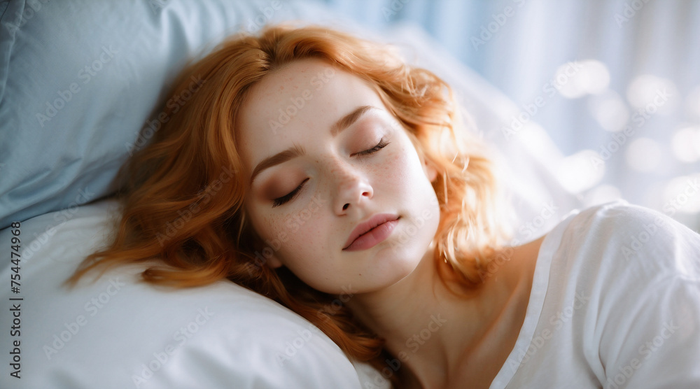 Carefree young woman wearing white pyjamas sleeping and dreaming on soft pillow. Blissful sleep Carefree young woman wearing white pyjamas sleeping and dreaming on soft pillow. Blissful sleep