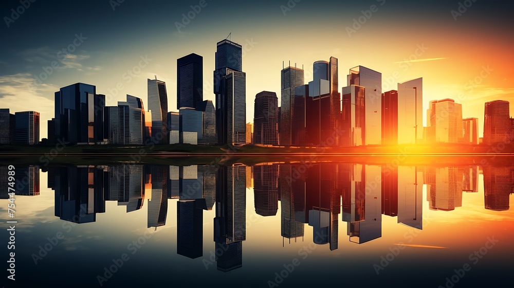 Skyscrapers at sunset, graphic perspective of buildings and reflections on water - Abstract architectural background for financial, corporate and business brochure template