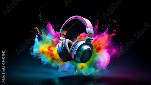 Stereo headphones exploding in festive colorful splash, dust and smoke with vibrant light effects on loud music sound, pulse, bass and beats, ready for party - photo