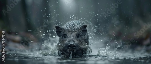  a wild boar wades through the water in the rain in this artistic photo of a wild boar splashing in a pool of water.