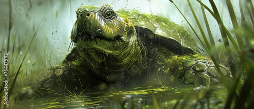  a close up of a turtle in a body of water with grass in the foreground and water in the background.