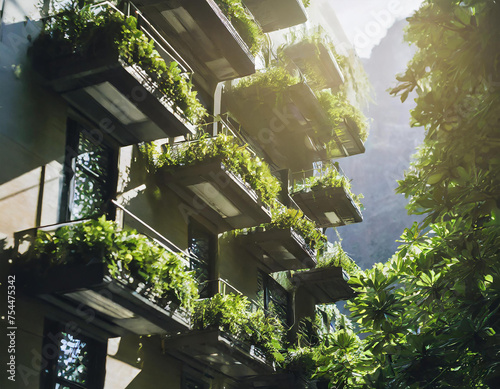 Immeuble futuriste avec des plantes et de la verdure sur les balcons et façades