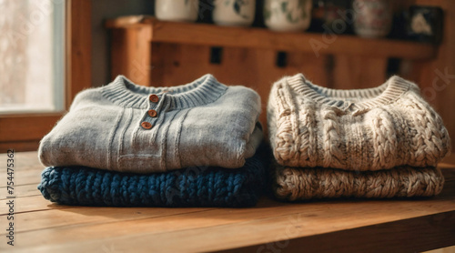 Pile of knitted wool winter sweaters on wooden table. Woolen warm sweaters neatly folded, cozy knitwear
