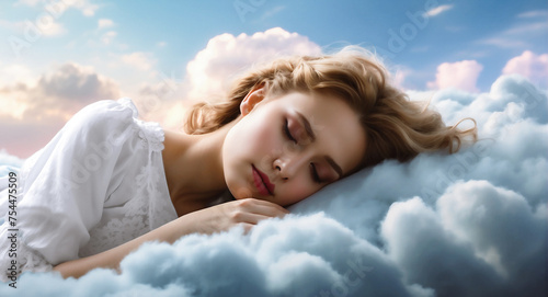 Carefree young woman wearing white pyjamas sleeping and dreaming on fluffy clouds against sky background