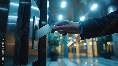 Hand holding a key card with access to secure facilities. Modern security concept. photo