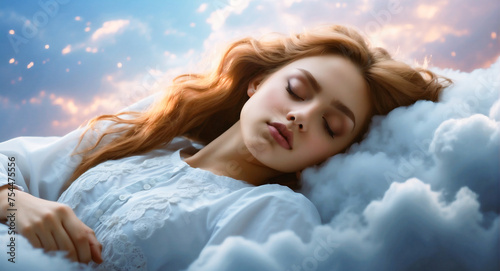 Carefree young woman wearing white pyjamas sleeping and dreaming on fluffy clouds against sky background