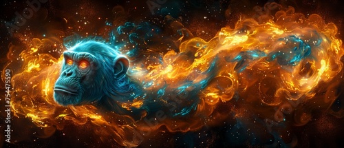  a picture of a monkey in the middle of a bunch of fire and blue and orange swirls on a black background. © Frederik