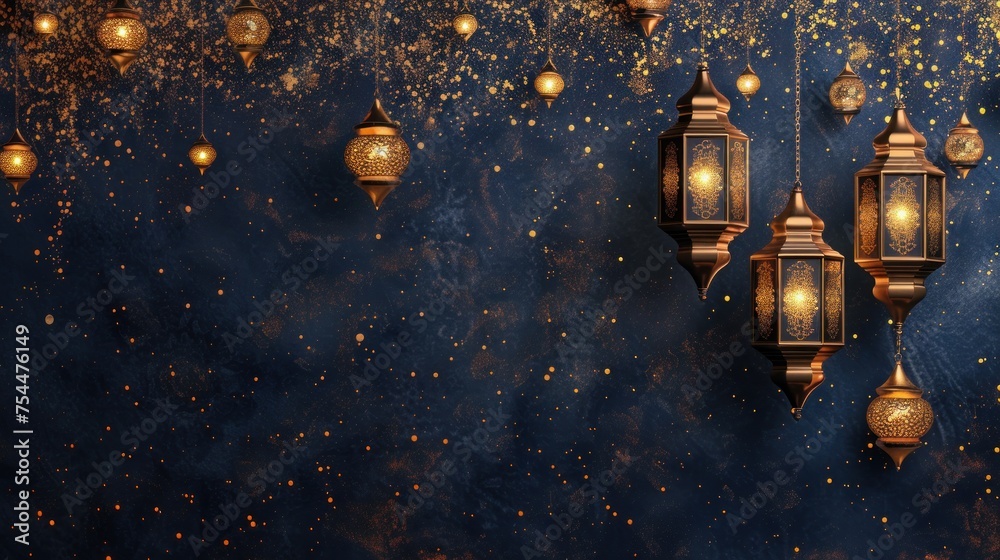 Naklejka premium Navy and Gold Islamic Inspired Design Background With Copy Space Area