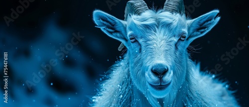  a close up of a goat's face with water droplets on it's fur and a black background.