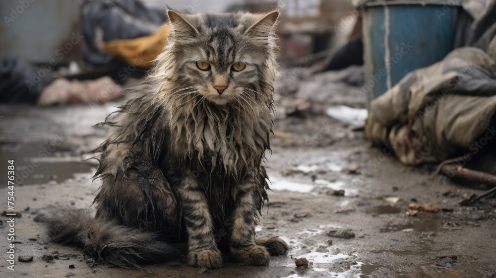 A street cat with wet fur sits among city trash. Concept: problems of homeless animals. A street cat with wet fur sits among city trash. Concept: problems of homeless animals.