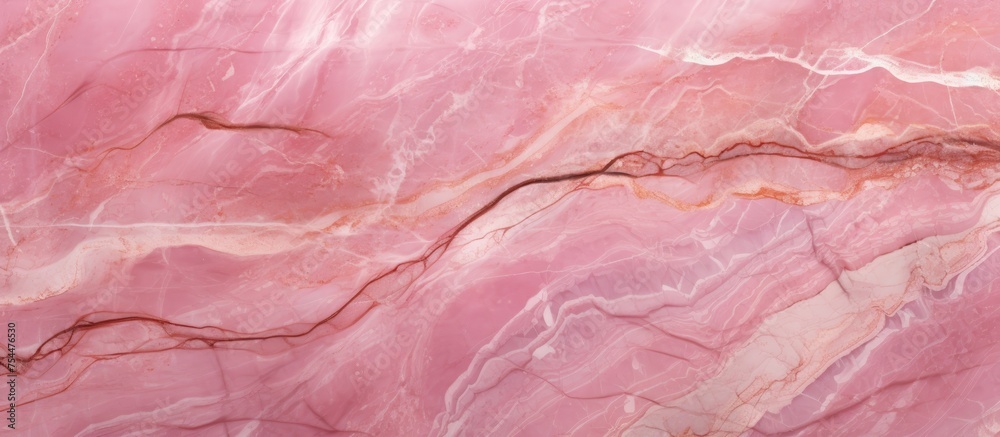 This close-up shot showcases a polished pink marble surface, highlighting the intricate veining and texture of the Italian slab.