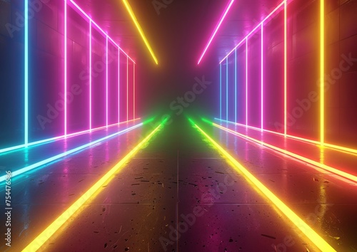 Futuristic Neon Corridor with Reflective Floors Perfect for Cyberpunk and Sci-Fi Themed Backgrounds