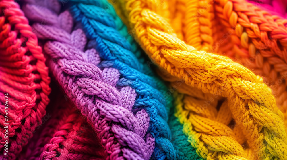 A close-up of a vibrant rainbow-colored hoodie, showcasing its texture and stitching details.